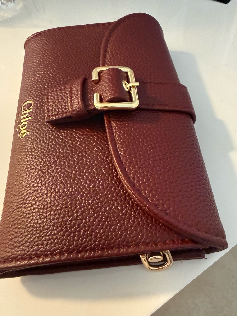 Chloé Burgundy Pebbled Faux Leather Key & Card Holder with Gold Buckle - Picture 6 of 6